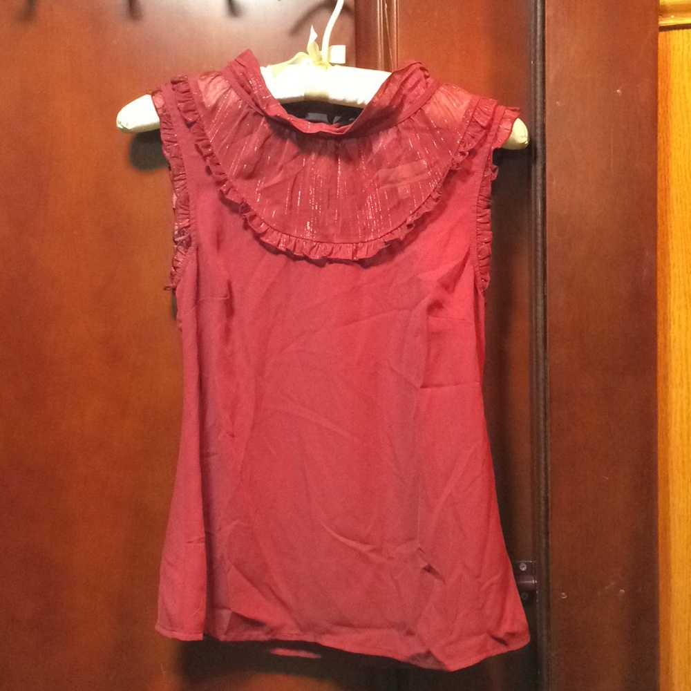 ModCloth Sleeveless Red Top with Bib Ruffle Detail